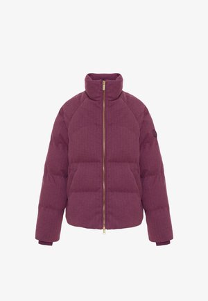 Bordo puffer jakna z visokim ovratnikom, z zlatim zadrgo in quilted dizajnom. Ima ribane manšete in stransko oznako.