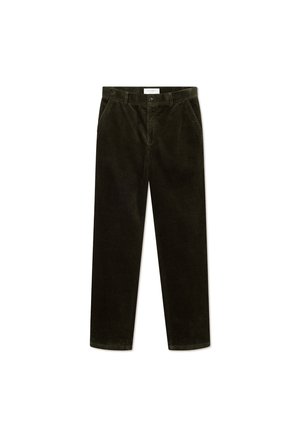 Pantaloni in corduroy di colore verde scuro, con un taglio dritto, tasche frontali e un motivo a righe testurizzato. Chiusura semplice con bottone in vita.