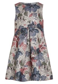 Kwiatowa sukienka z dopasowanym gorsetem i rozkloszowanym dołem. Srebrne, niebieskie, różowe i zielone wzory na jasnoszarym tle. Materiał o wzorzystej fakturze.