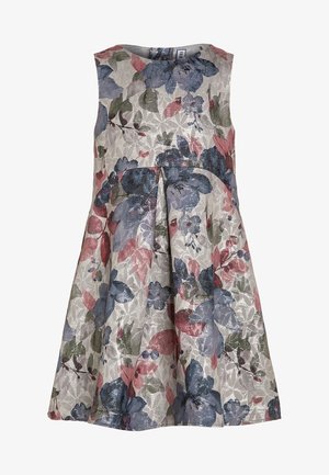 Květinové šaty s přiléhavým živůtkem a zvonovou sukní. Stříbrné, modré, růžové a zelené vzory na světlém šedém pozadí. Texturovaná tkanina s motivem.