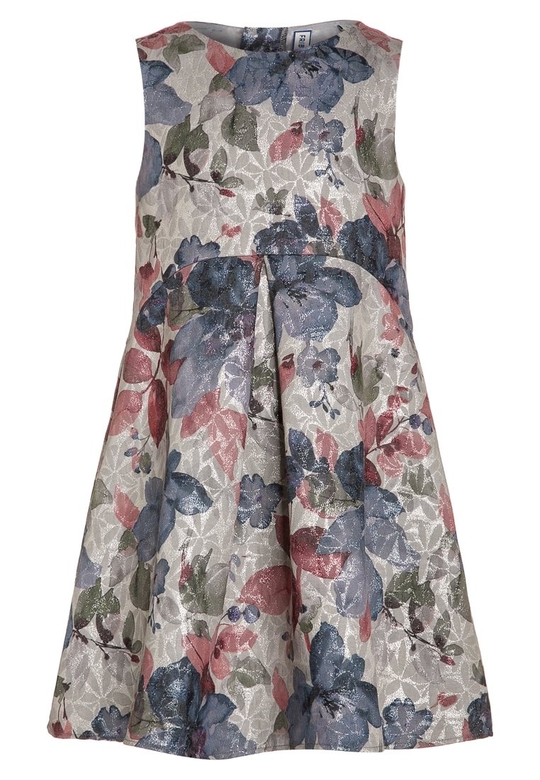 Kwiatowa sukienka z dopasowanym gorsetem i rozkloszowanym dołem. Srebrne, niebieskie, różowe i zielone wzory na jasnoszarym tle. Materiał o wzorzystej fakturze.