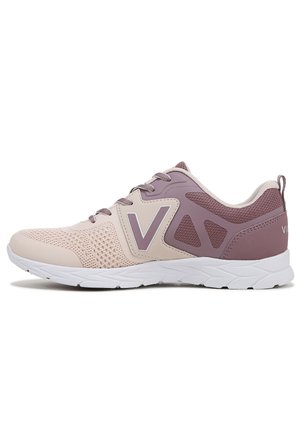 Lightweight athletic shoe with a pink and mauve mesh upper, white sole, and a prominent 'V' logo. Includes lace-up design and textured accents.