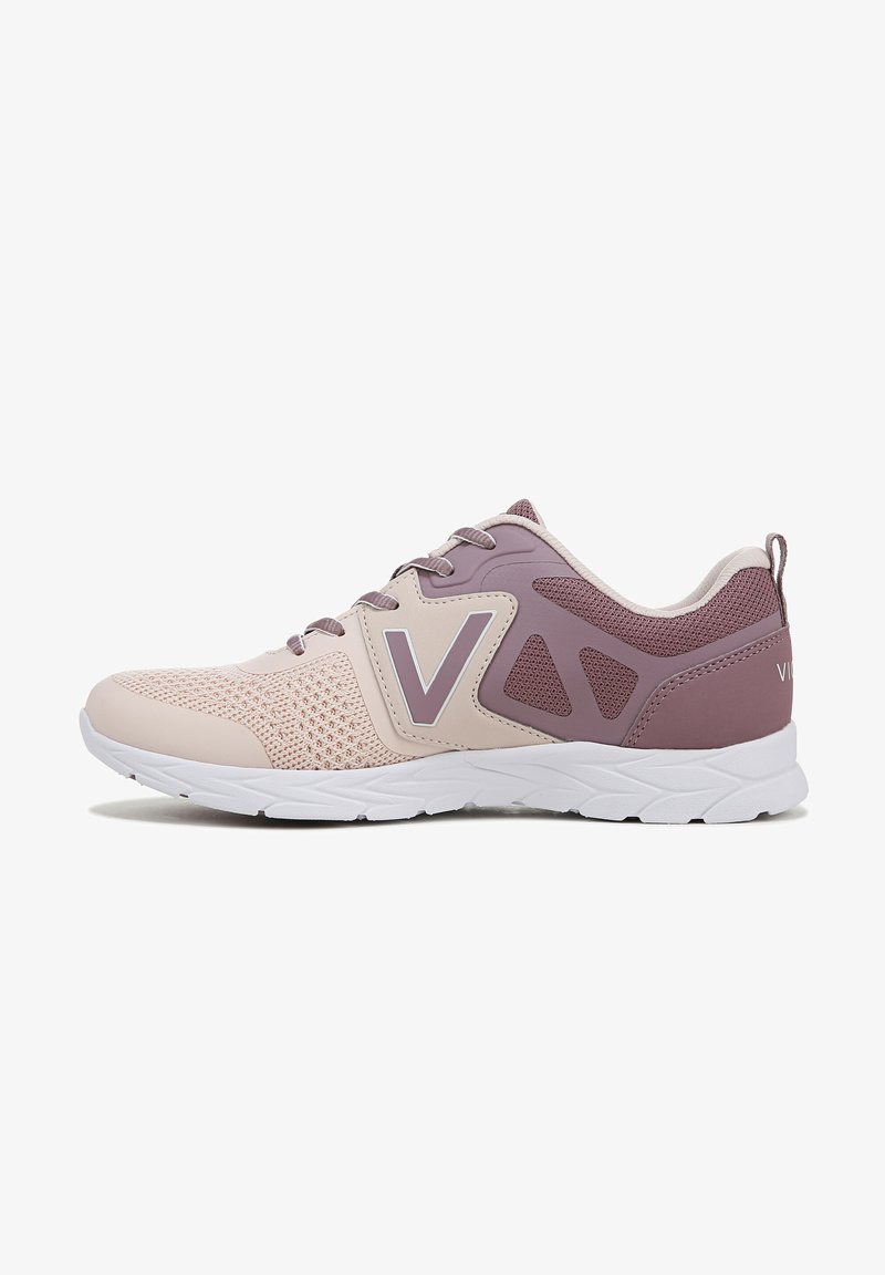 Lightweight athletic shoe with a pink and mauve mesh upper, white sole, and a prominent 'V' logo. Includes lace-up design and textured accents.