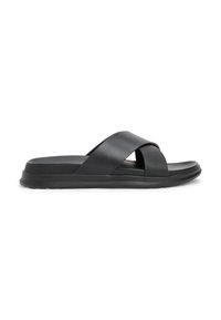 Black slide sandal with a cross-strapped design, made of smooth and textured materials, featuring a rubber sole and low-profile shape.