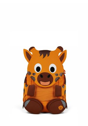 Orange children’s backpack designed as a smiling giraffe with large eyes, ears, horns, and brown spotted accents.