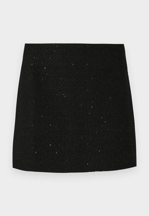 Black textured mini skirt with subtle shiny speckles, straight cut, and no visible embellishments or patterns.
