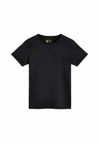 T-shirt en coton noir avec un col rond et des manches courtes. Présente un design simple sans motifs ni embellissements.
