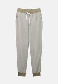 Joggers grigio chiaro con texture, cintura e polsini a costine oliva, caratterizzati da un cordino bianco e tasche laterali.