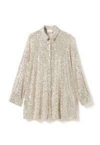 Šviesiai ruda striukė su blizgučiais, ilgomis rankovėmis, smailiu apykakle ir tiesiu kirpimu. Puikuojasi blizgiu paviršiumi su vertikalių raštų detalėmis.