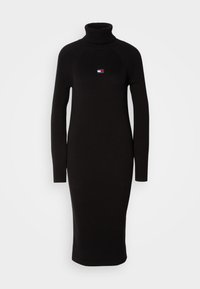 Robe midi en maille côtelée noire à col roulé, manches longues et petit logo Tommy Jeans sur la poitrine.