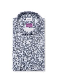 Chemise pour homme à boutons pliée avec motif floral blanc sur tissu bleu foncé, dotée d'un col et d'étiquettes de marque à l'intérieur.