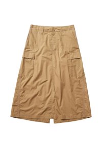 Gonna cargo khaki con chiusura a bottoni, due tasche frontali e una texture leggera e stropicciata. Di lunghezza media con taglio dritto.