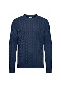 Pull en maille torsadée bleu marine avec un col rond, des poignets et un ourlet côtelés. Motif texturé sur l'ensemble pour plus d'intérêt visuel.