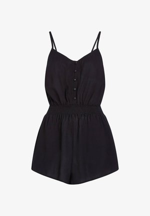 Combinaison sans manches noire avec un décolleté en V, fermeture à boutons sur le devant, taille élastique et coupe décontractée, dotée d'une texture de tissu lisse et de shorts.