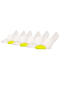 White ankle socks with a bright yellow toe accent, showcasing a smooth, stretchy texture, sold in a pack of six.
