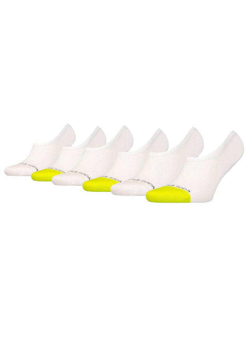 White ankle socks with a bright yellow toe accent, showcasing a smooth, stretchy texture, sold in a pack of six.