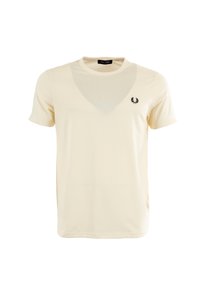 T-shirt a maniche corte di colore crema in cotone, con scollo a V e un piccolo logo nero sul petto. Tessuto morbido, vestibilità casual.