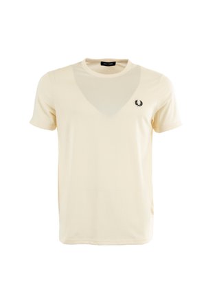 Kræmfaret kortærmet T-shirt i bomuld, med V-udskæring og et lille sort logo på brystet. Blød tekstur, afslappet pasform.