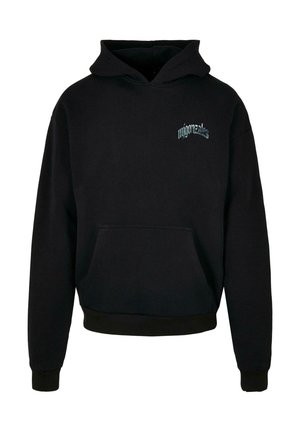 Black hoodie made of fleece material, featuring a kangaroo pocket, ribbed cuffs and hem, and a front logo in light blue.