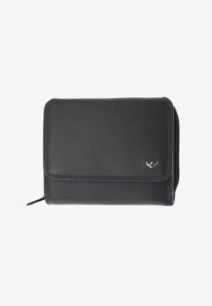 Portefeuille en cuir noir avec fermeture à rabat, couture visible et petit emblème de logo argenté dans le coin inférieur droit.