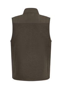 Ärmellose Weste in Dunkelolivgrün mit glattem Vorderteil und leicht gepolstertem Rücken mit vertikalen Nähten. Weicher, strukturierter Stoff.