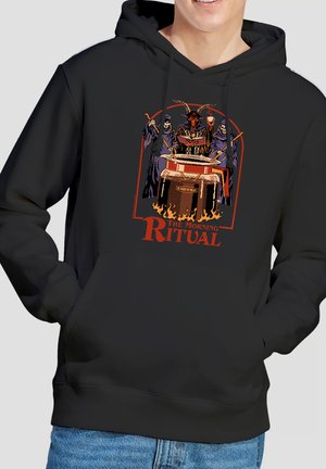 Person wearing black hoodie with graphic of a goat-headed figure and cloaked skeletons stirring a coffee pot labeled "coffee" with "The Morning Ritual" text.
