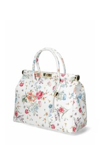Blomsterhandtaske i hvidt tekstureret materiale med flerfarvede blomster mønstre, to solide håndtag og en guld lås.