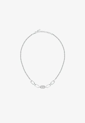 Collana in argento con forme ovali e rettangolari collegate, arricchita da piccoli cristalli trasparenti per un tocco di dettaglio e texture.