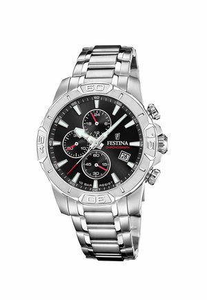 Orologio cronografo in acciaio inossidabile argentato con quadrante nero, tre sottoquadranti, indici luminosi, dettagli rossi e display della data alle 4.