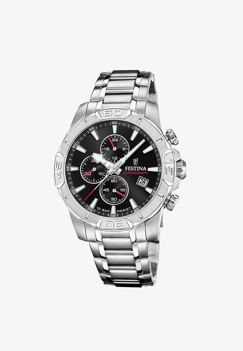 Orologio cronografo in acciaio inossidabile argentato con quadrante nero, tre sottoquadranti, indici luminosi, dettagli rossi e display della data alle 4.