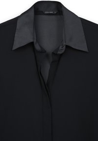 Schwarz Bluse mit satinierter spitzer Kragen, verdeckter Knopfleiste und Markenlabel "Calliope" in Größe S.