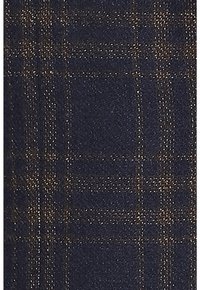 Tissu bleu marine foncé avec une surface texturée et un motif à carreaux subtil en lignes marron clair et noires.