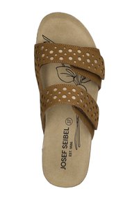 Brown slide sandal featuring perforated straps, cushioned insole with a floral design, and a brand label. Size 37 indicated.