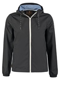 Veste à capuche noire zippée avec doublure intérieure bleu clair, cordons réglables sur la capuche et poignets élastiques aux manches longues.