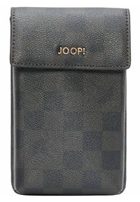 Custodia per telefono nera testurizzata con chiusura a pattina magnetica. Presenta un logo dorato "JOOP!" sul davanti e ha una forma rettangolare.