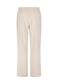 Beige corduroy-housut, joissa on joustava vyötärö, suora lahje, teksturoitu kangas ja hienovarainen pystyribbaus kauttaaltaan.