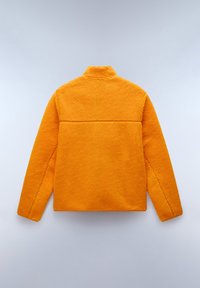 Orange fleece jacket with a high collar, textured surface, and long sleeves. Features a horizontal seam across the back.