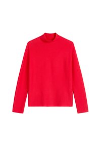 Roter Rollkragenpullover aus einem glatten, mittelschweren Strickmaterial. Mit langen Ärmeln und einem enganliegenden Halsaufschlag. Keine Muster oder sichtbaren Beschläge.