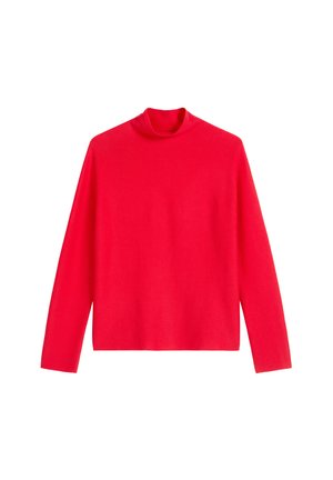 Roter Rollkragenpullover aus einem glatten, mittelschweren Strickmaterial. Mit langen Ärmeln und einem enganliegenden Halsaufschlag. Keine Muster oder sichtbaren Beschläge.