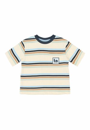 Tricou cu mânecă scurtă, de culoare crem, cu dungi orizontale în nuanțe de albastru, maroniu, verde și negru, având un mic buzunar pe piept cu un patch cu logo-ul "tn".