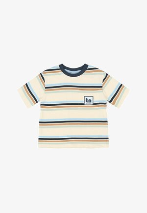 Kurze Ärmel Creme T-Shirt mit horizontalen Streifen in Blau, Braun, Grün und Schwarz, ausgestattet mit einer kleinen Brusttasche mit einem "tn" Logo-Aufnäher.