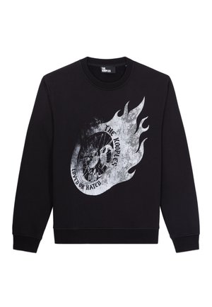 Czarna bluza z długim rękawem z srebrną grafiką płomienia i okrągłym wzorem koła, z napisem "The Kooples" i "Loved or Hated".