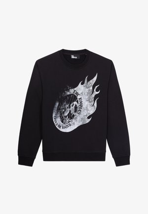 Sudadera negra de manga larga con un gráfico de llama plateada y diseño circular de rueda, con el texto "The Kooples" y "Loved or Hated".