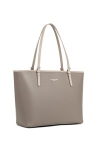 Taupe leather Lancaster Paris tote bag with double shoulder straps and minimalist design on white background.