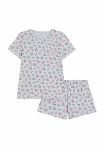 Lyhythihaiset pyjamapuvut vaaleansinisestä puuvillasta, joissa on hedelmäinen kuvio pinkeistä kirsikoista ja vihreistä lehdistä. Settiin kuuluu T-paita ja shortsit.