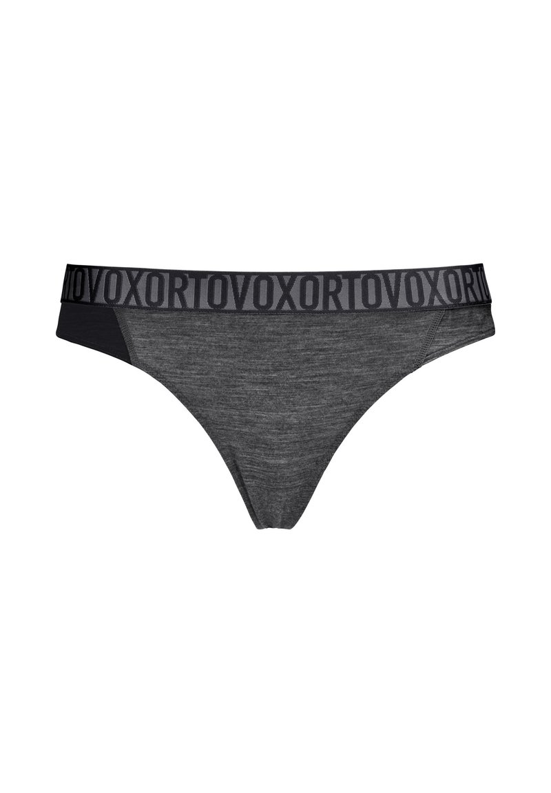 Graue Tangas mit glatter Textur, kontrastierendem schwarzen Taillenbund mit wiederholtem "VOXORT"-Schriftzug und figurnahem Design.