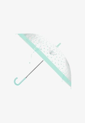 Paraguas transparente con estampados de corazones en color verde azulado, ribete verde azulado y mango curvo verde azulado.