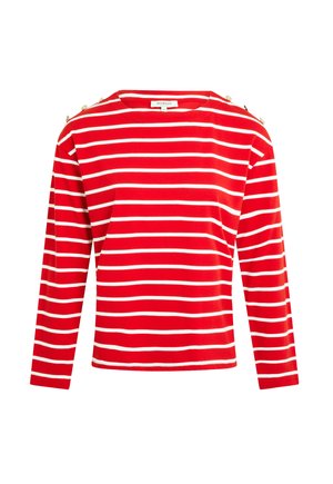 Maglietta rossa a maniche lunghe con strisce orizzontali bianche, collo rotondo e bottoni decorativi sulle spalle. Tessuto in cotone morbido.