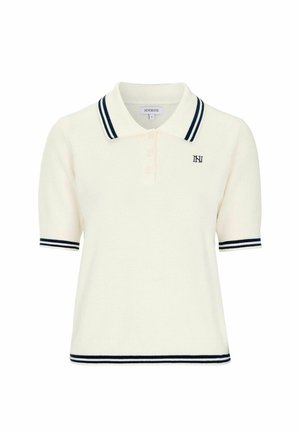 Krem kortærmet polo med marineblå dobbeltstriber på krave, ærmekanter og kant, med et lille broderet logo på brystet.
