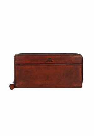 Portefeuille en cuir marron avec fermeture éclair, présentant une surface texturée et un petit logo en relief à l'avant. Conception compacte et allongée.